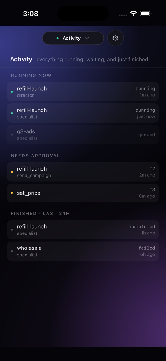 The BIOS Activity screen on iPhone showing team members at work now, actions that need approval, and work finished in the last 24 hours